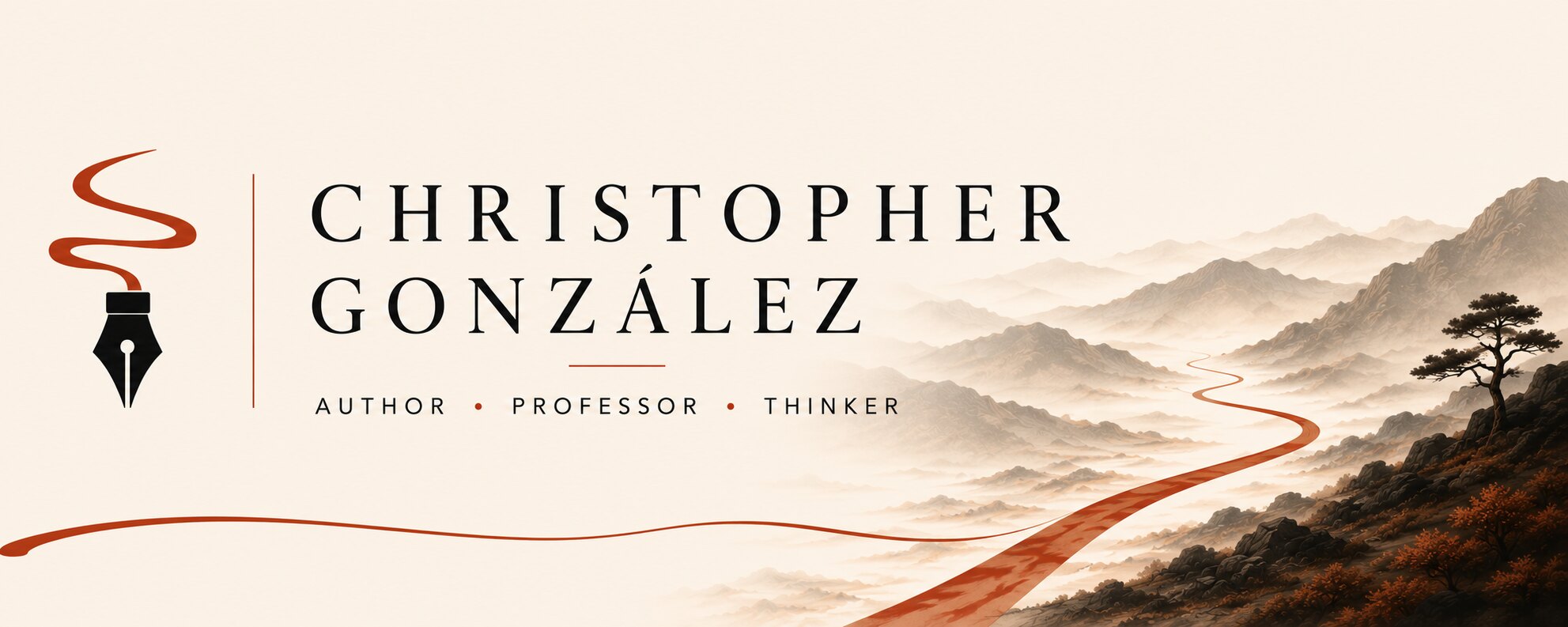 Christopher González — author, professor, thinker. A pen nib trailing an ink-red road through misty hills.