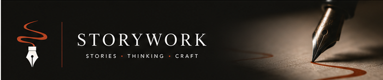 Storywork — stories, thinking, craft. A fountain pen writing a ribbon of ink.