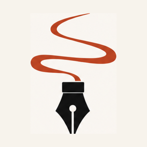 Storywork logo: a fountain pen nib trailing a ribbon of rust-red ink